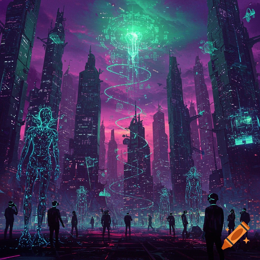 A vibrant cyberpunk cityscape at night with towering skyscrapers, neon lights, and glowing humanoid figures.