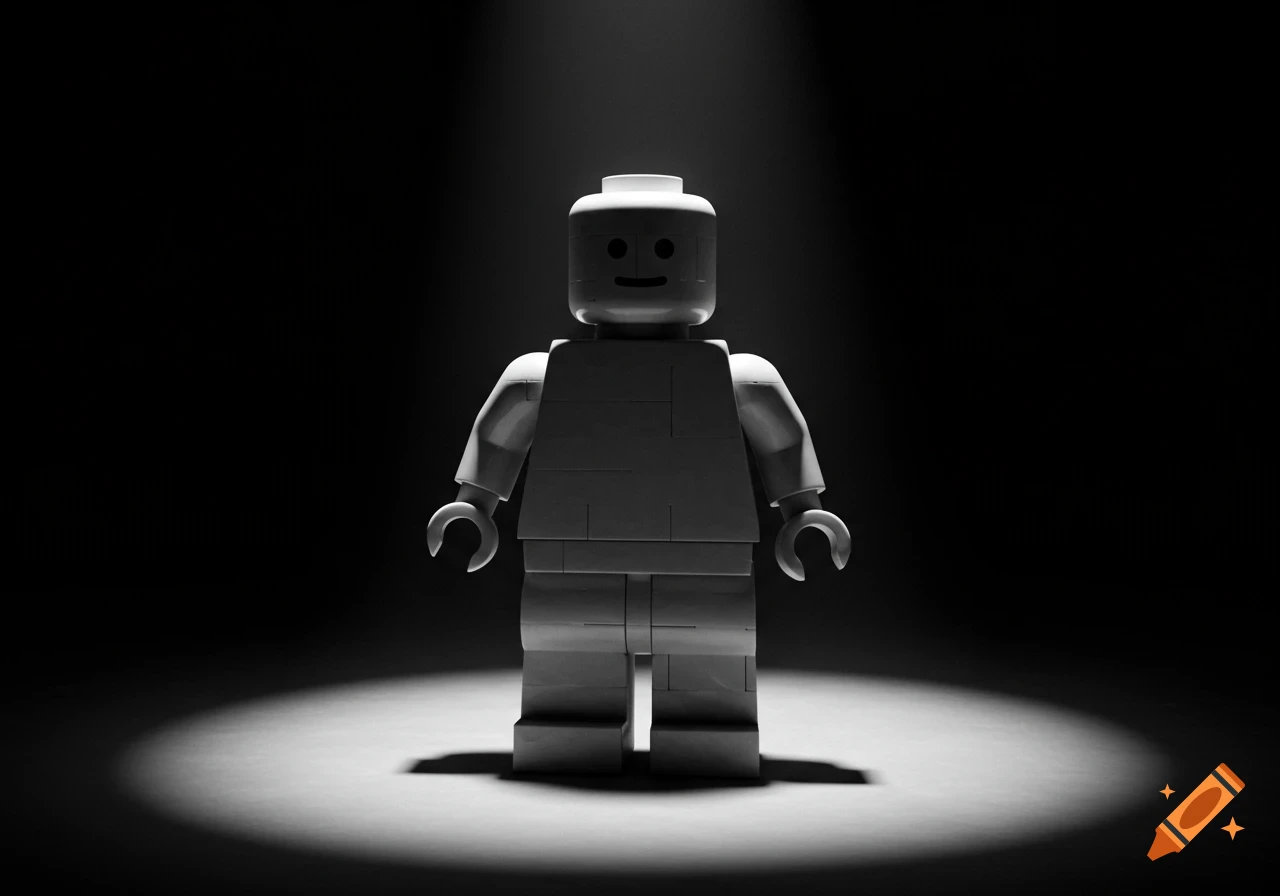 A black and white rendering of a Lego minifigure standing in a spotlight against a dark background.