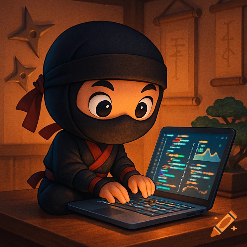 A cute cartoon ninja in a black suit with red accents sits at a wooden desk, typing on a laptop with code and graphs on the screen. Shurikens decorate the wall.