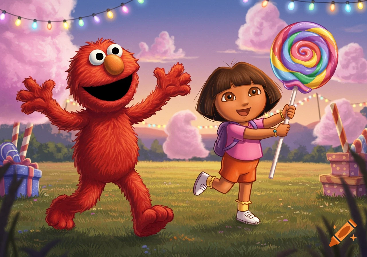Elmo dances next to Dora the Explorer holding a giant swirl lollipop in a colorful, candy-themed field.