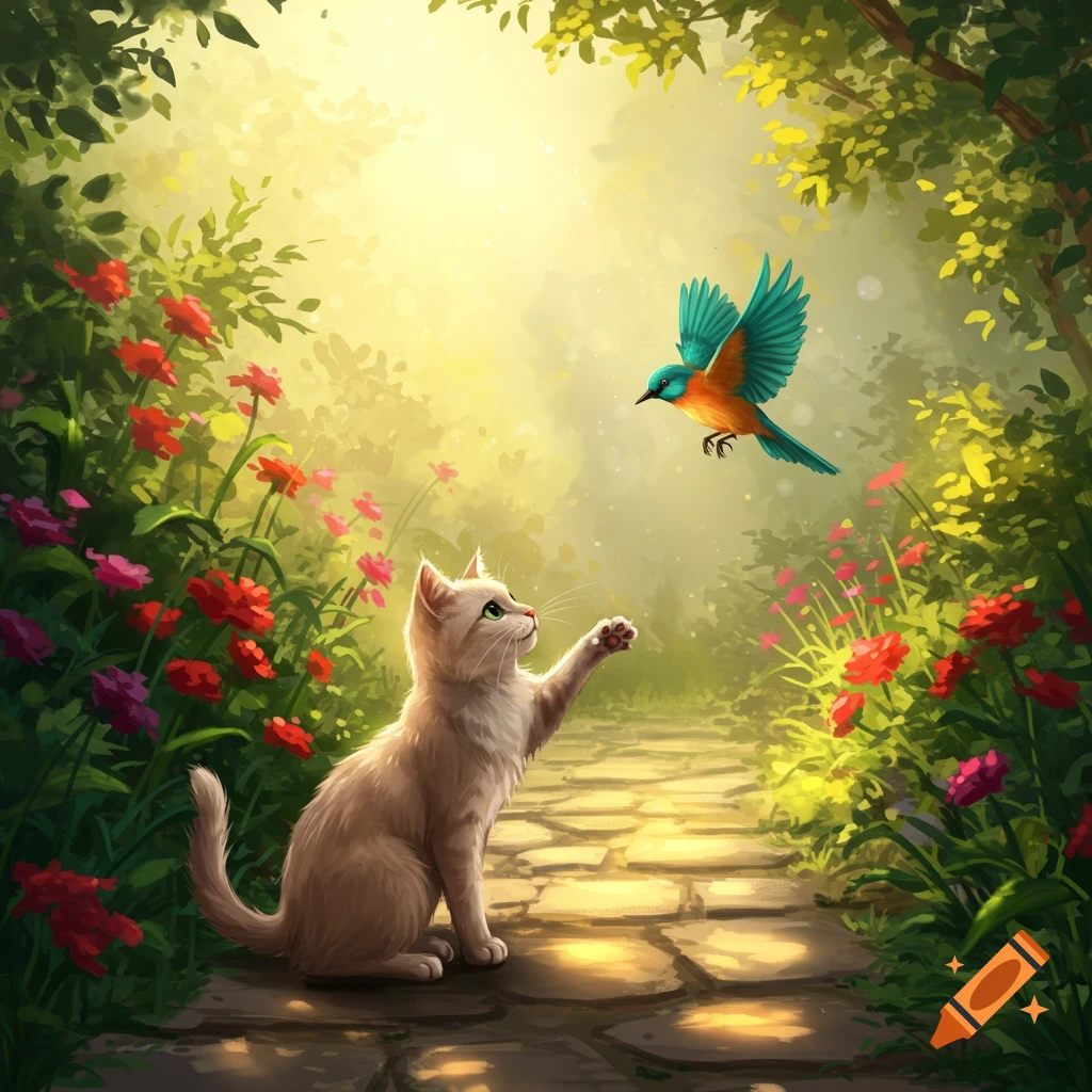 An illustrative painting of a cream-colored cat reaching for a colorful bird in a sunlit, flower-filled garden.