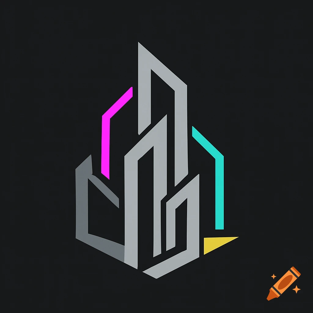 Abstract geometric logo resembling urban skyscrapers in grey, pink, teal, and yellow on a black background.