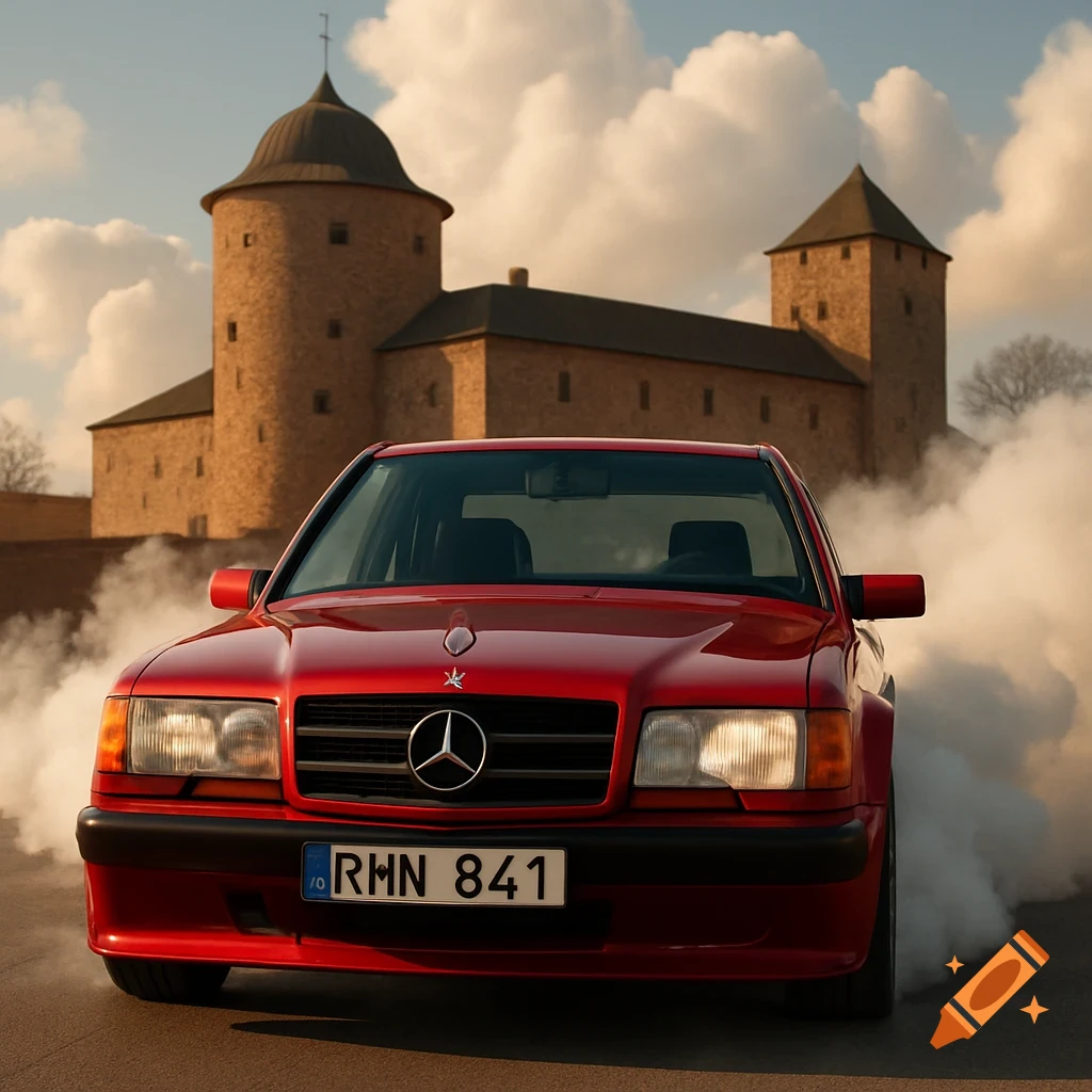 Photorealistic red Mercedes-Benz 190E with smoking tires in front of a castle.