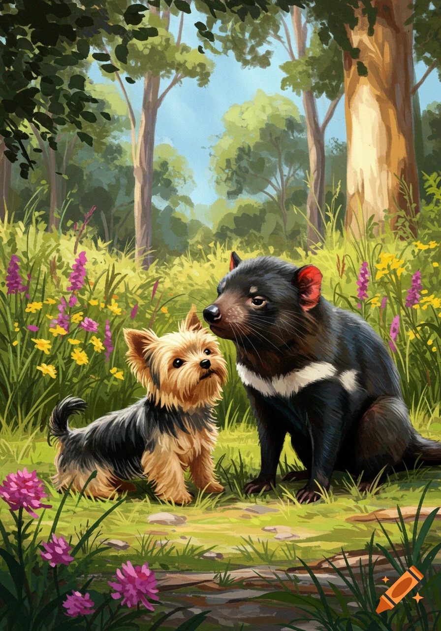 An illustration of a Yorkshire Terrier and a Tasmanian Devil together in a lush forest with wildflowers.