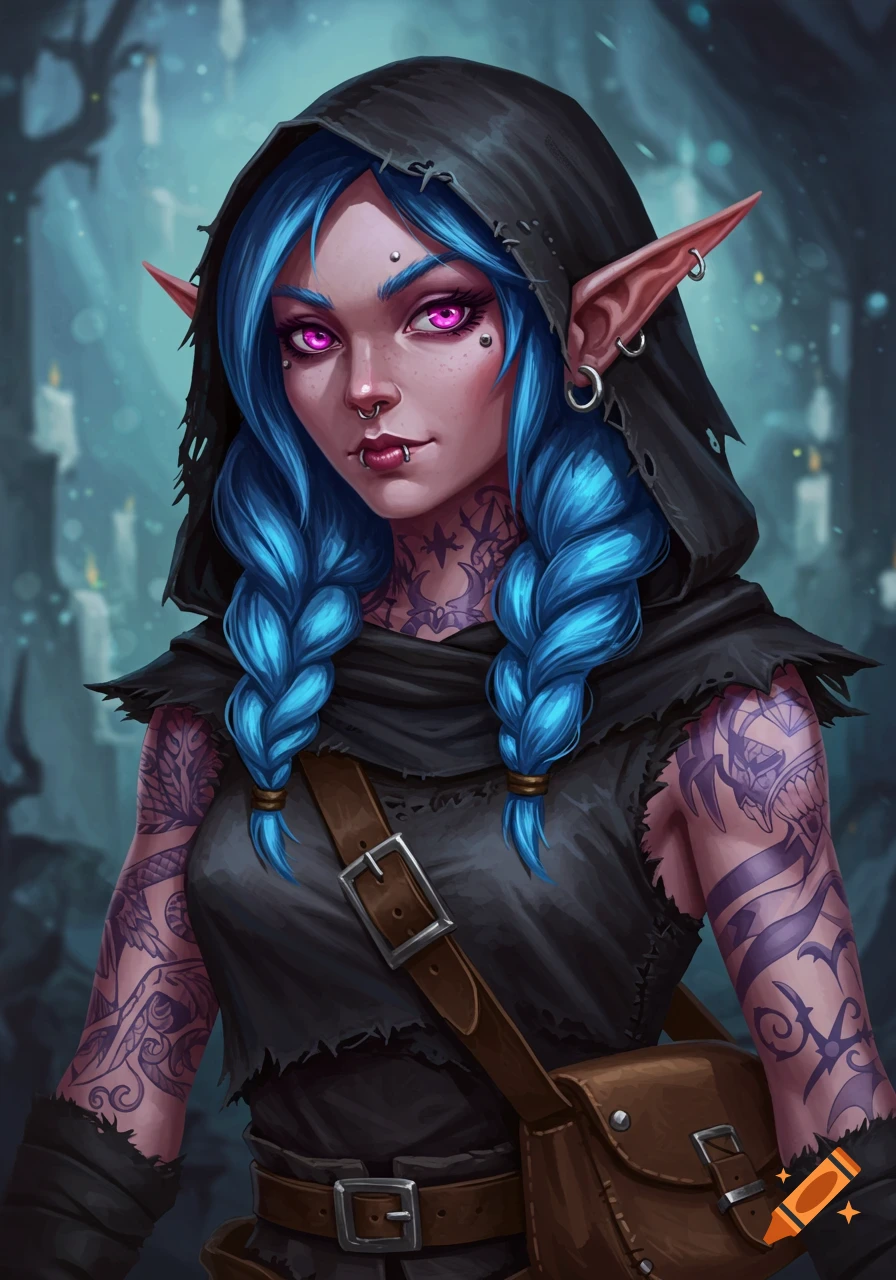 Digital illustration of a fantasy character with blue braided hair, pink eyes, piercings, tattoos, and a black hooded cloak.