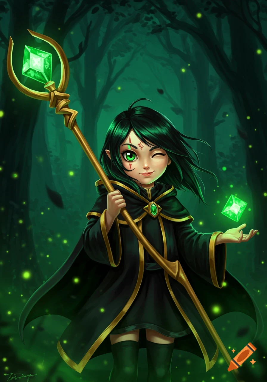 A winking, green-eyed girl in a black and gold robe holds a staff and conjures a glowing green gem in a mystical forest.