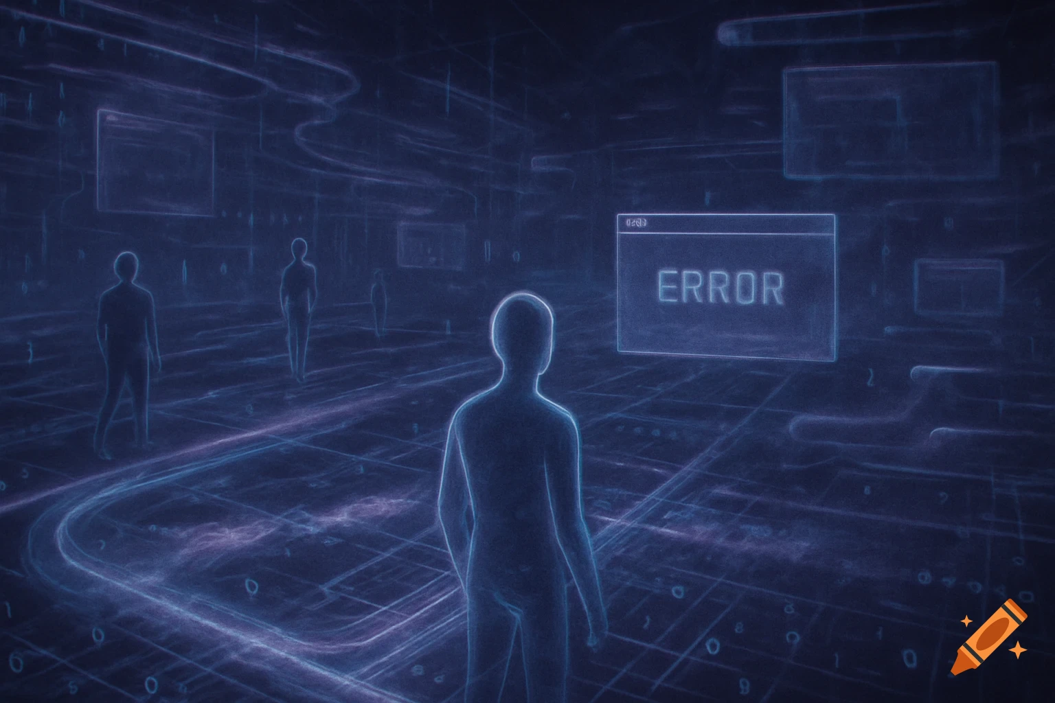 Silhouetted figures in a dark, glowing digital network with circuit lines and an "ERROR" pop-up window.