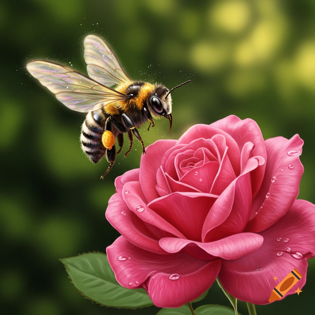 A detailed illustration of a fuzzy bee with pollen on its leg flying towards a vibrant pink rose with dewdrops.