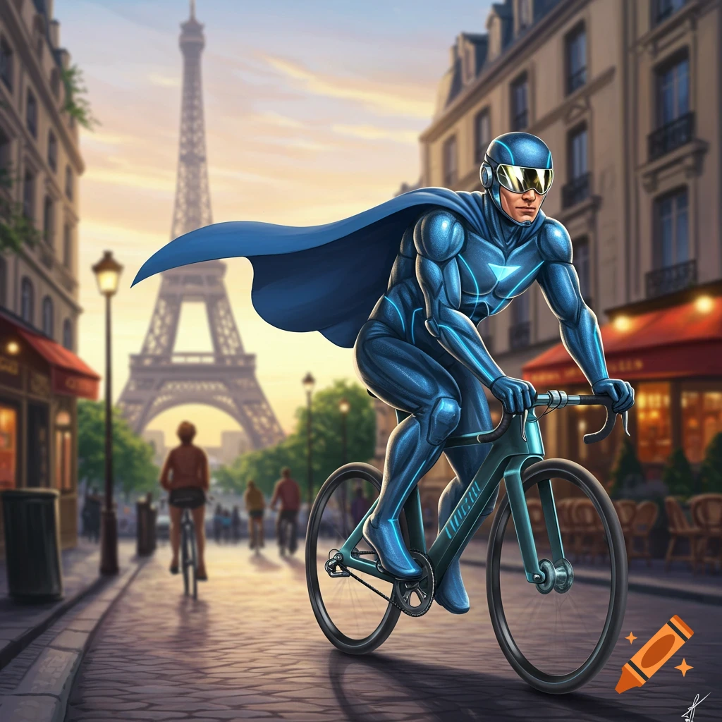 A comic-style superhero in a blue suit and cape rides a bicycle on a Parisian street with the Eiffel Tower in the background.