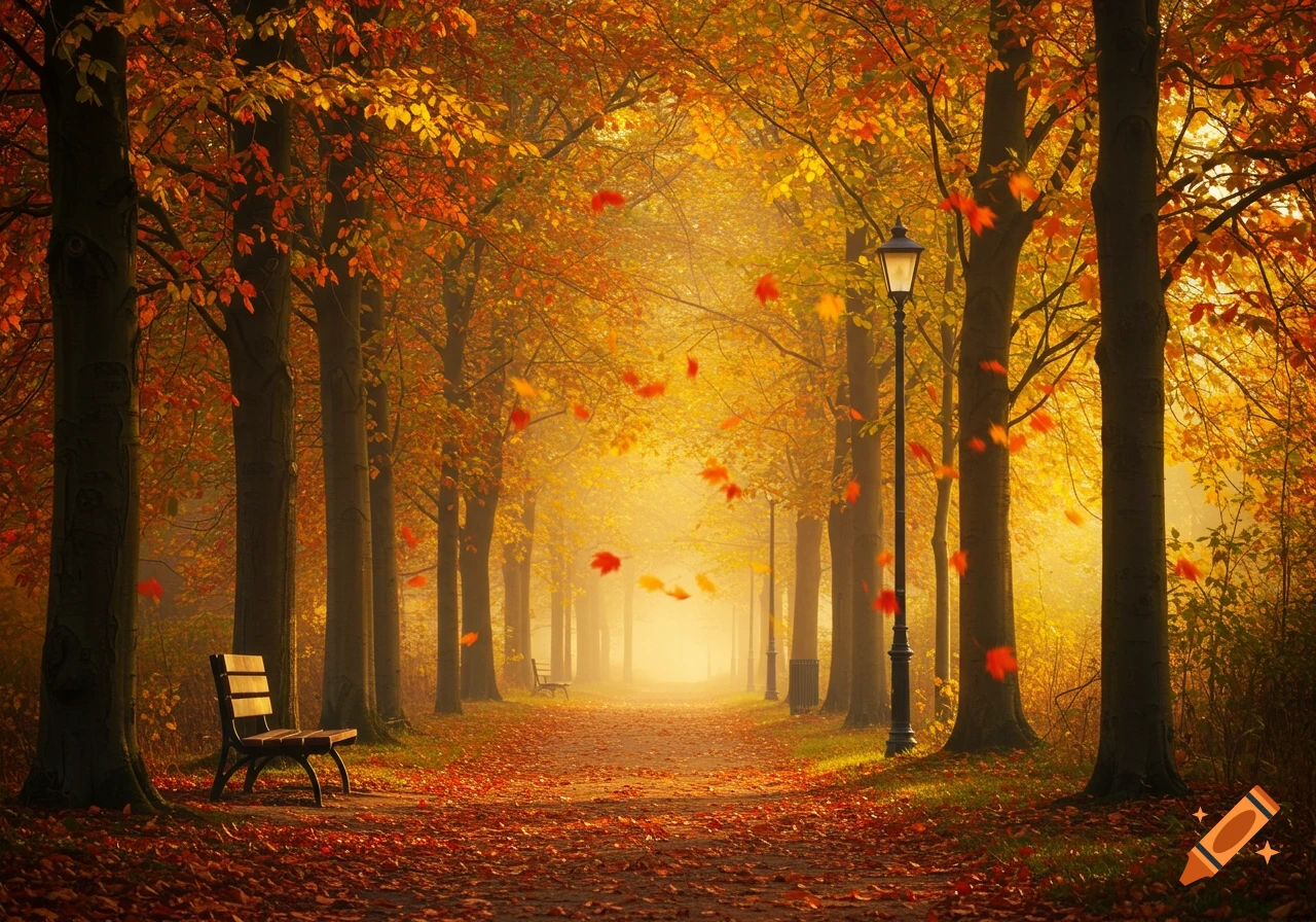 A serene park path lined with trees with vibrant orange and yellow autumn leaves, a bench, and a lamppost.