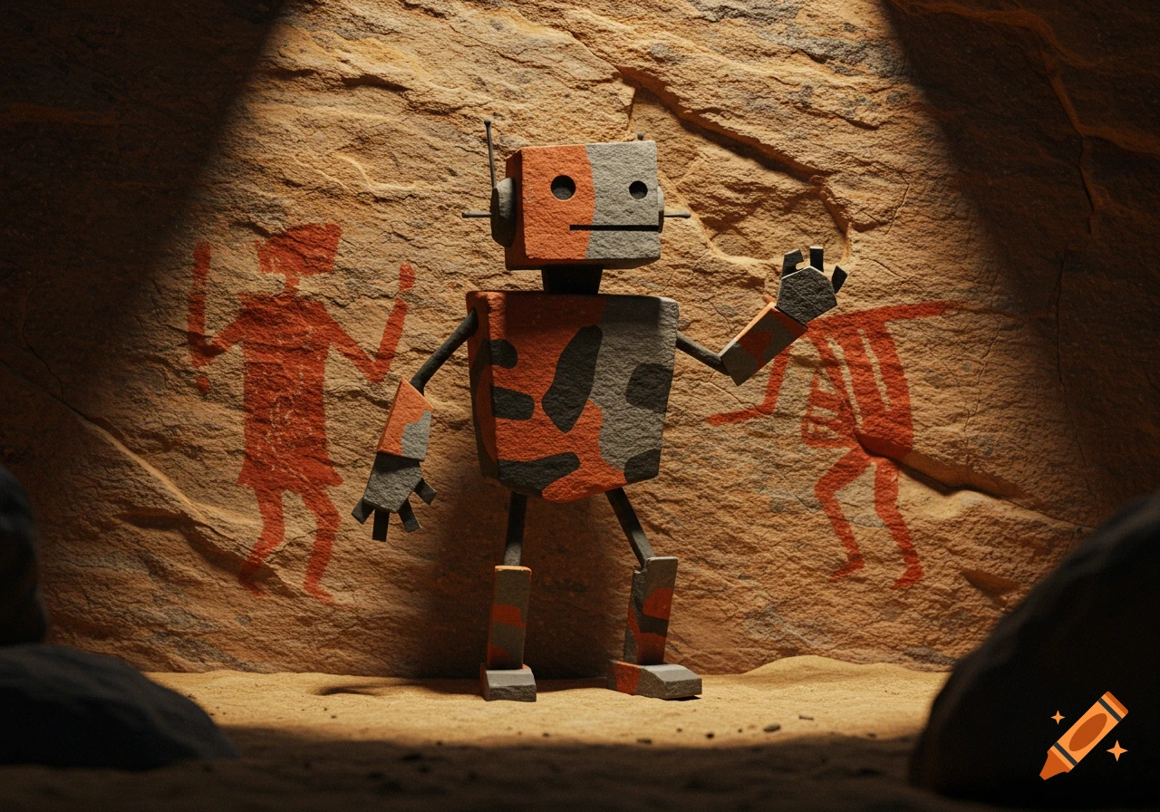 A blocky, stone-textured robot stands in a dimly lit cave with red ancient cave paintings on the walls.