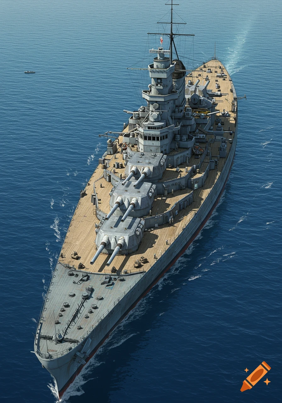 Photorealistic top-down view of a detailed grey WWII battleship with multiple gun turrets sailing on a calm blue ocean.