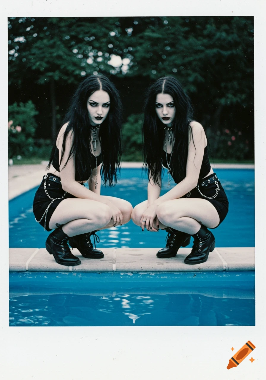 Two young goth women with long dark hair squat by a swimming pool, glowering at the camera in a 1980s polaroid style.