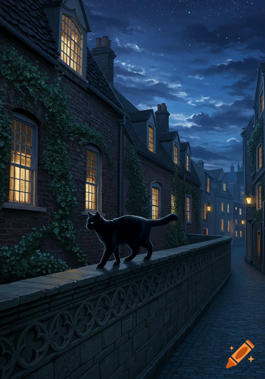 A black cat walks on a stone wall in a dimly lit, narrow alley between brick buildings with glowing windows at night.