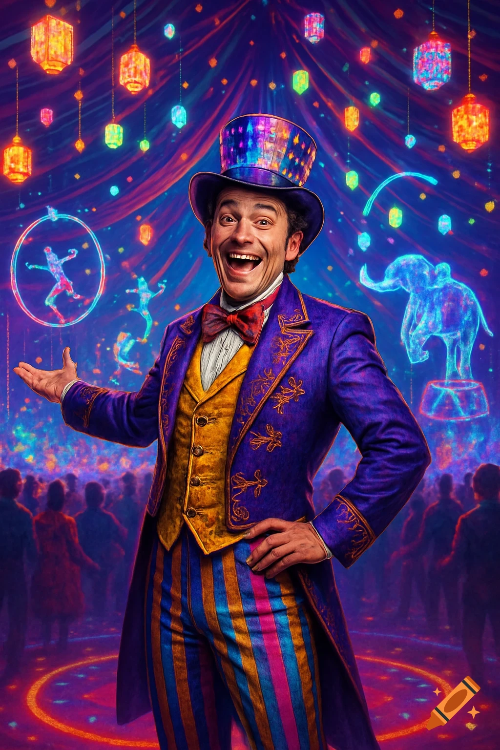 A smiling ringmaster in a vibrant purple and gold suit with a striped top hat, standing in a neon-lit circus tent.