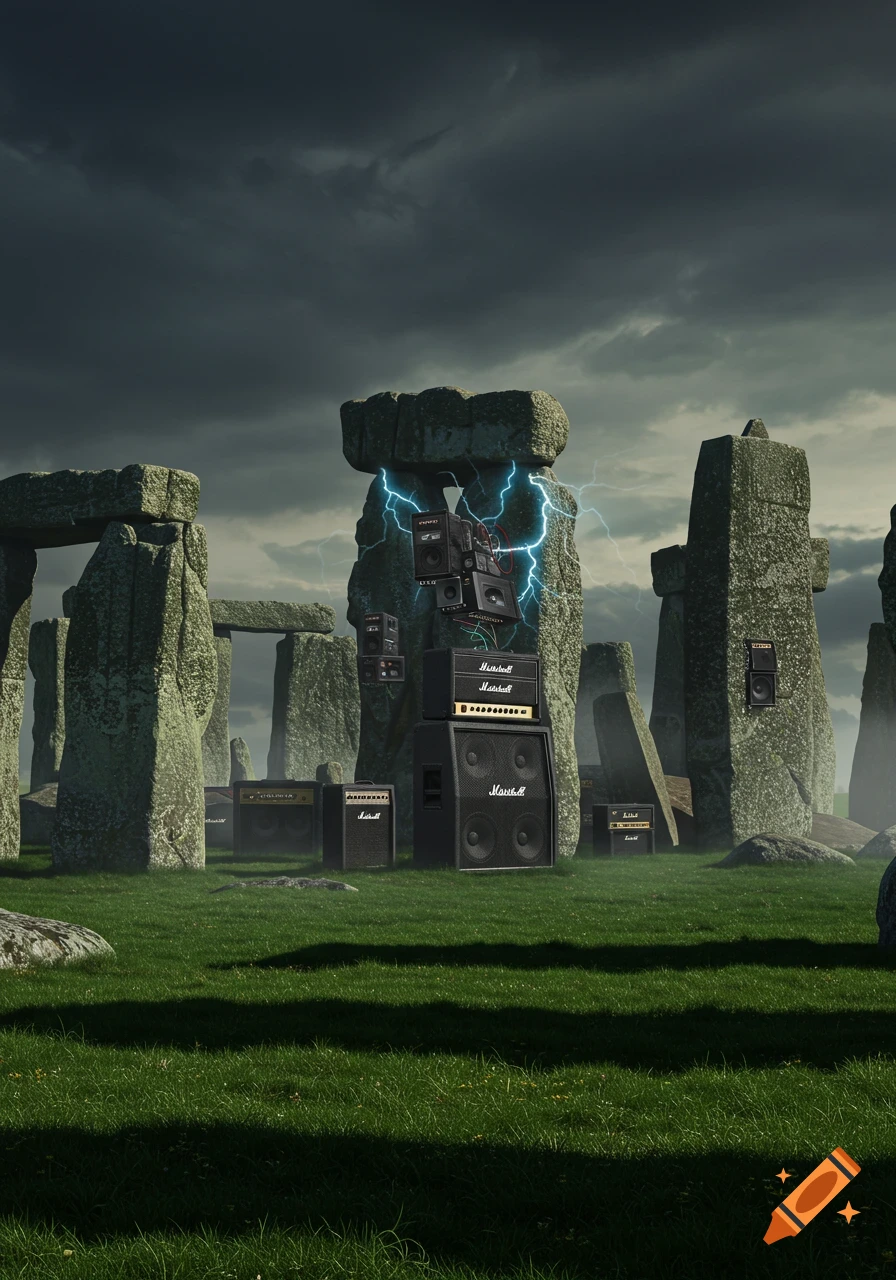 Photorealistic image of Stonehenge with large Marshall amplifiers integrated into the stone pillars, struck by lightning under a stormy sky.