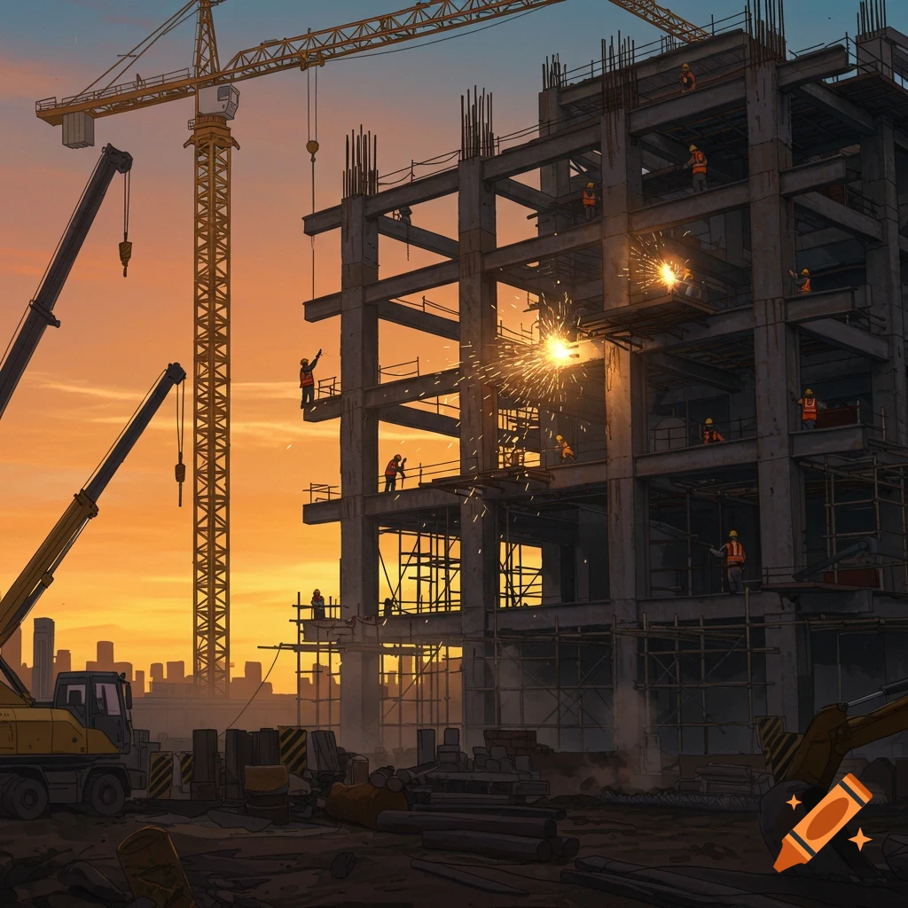 Animated illustration of a busy construction site at sunset, with cranes, a building frame, and workers welding.