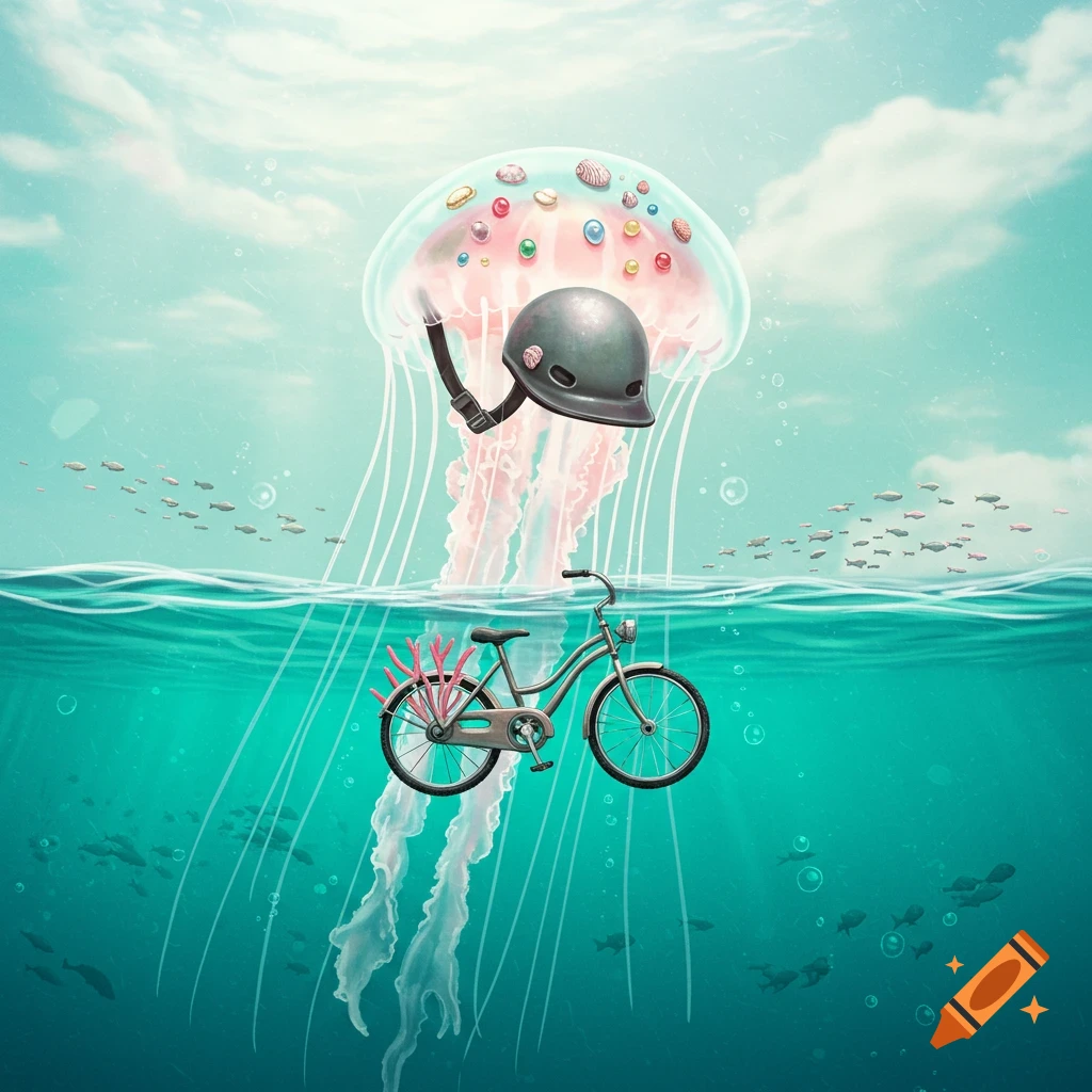 A whimsical illustration of a giant jellyfish wearing a helmet, floating above a bicycle submerged in clear turquoise water with fish.