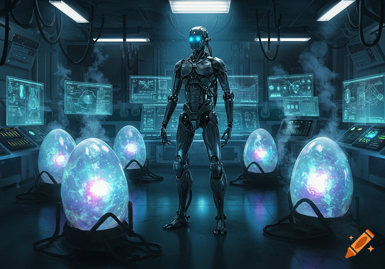 A bipedal robot with glowing blue eyes stands in a futuristic lab surrounded by several large, glowing blue and purple eggs.