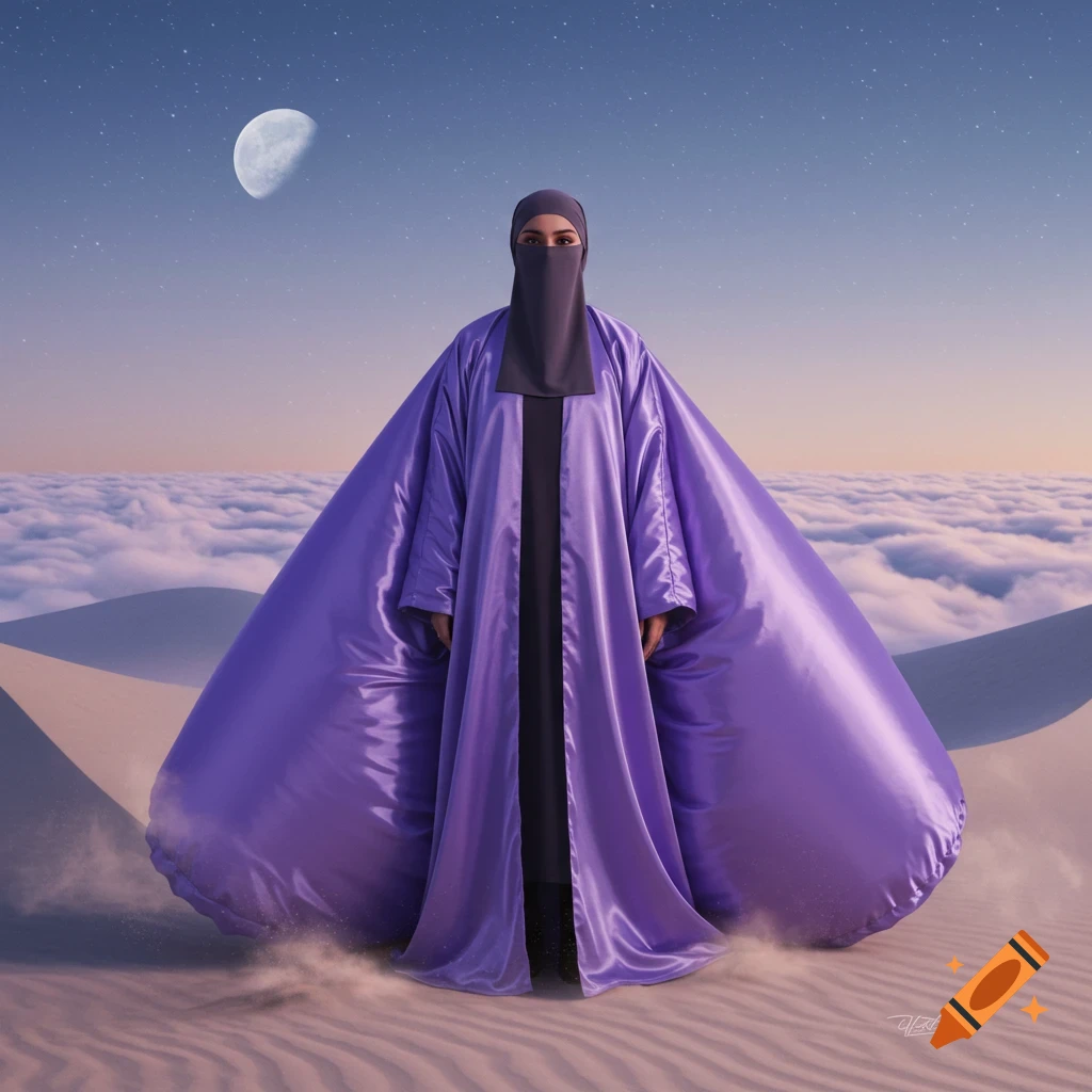 A person wearing a voluminous purple satin abaya and niqab stands on desert dunes with clouds at the horizon, under a starry sky and crescent moon.