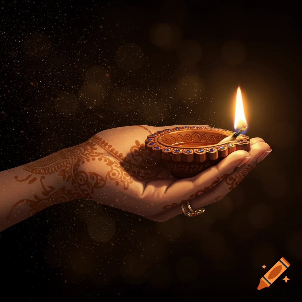 A hand adorned with intricate mehndi holds a lit, decorative Diwali lamp against a dark, sparkling background.