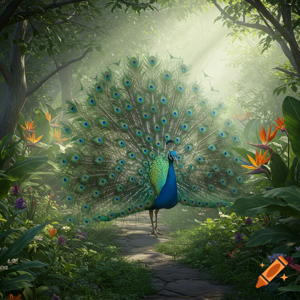 A vibrant peacock with its iridescent tail fanned out stands on a stone path in a lush, sunlit jungle.