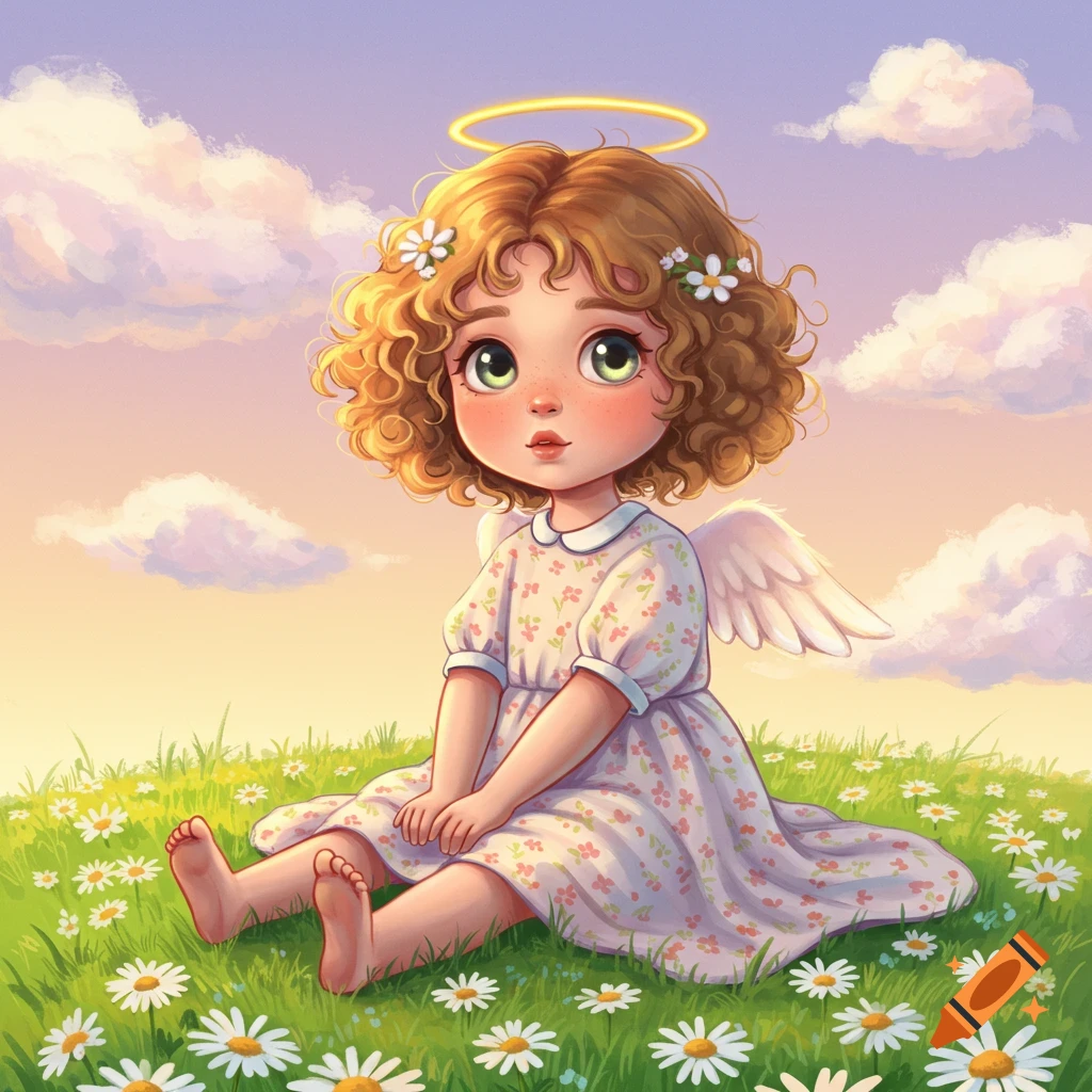 A cute cartoon angel with curly hair and a halo sits in a field of daisies under a cloudy sky.