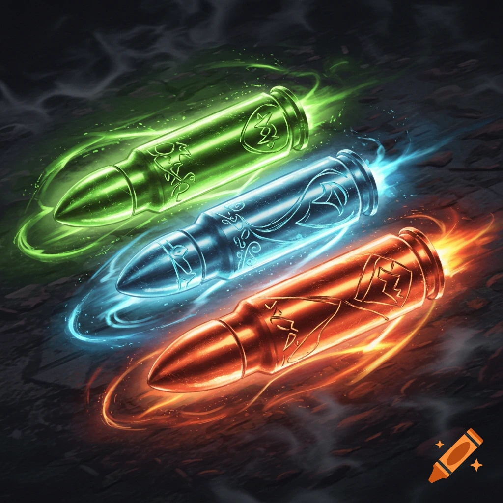 Three magical glowing bullets in green, blue, and orange with stylized patterns on a dark, textured background.