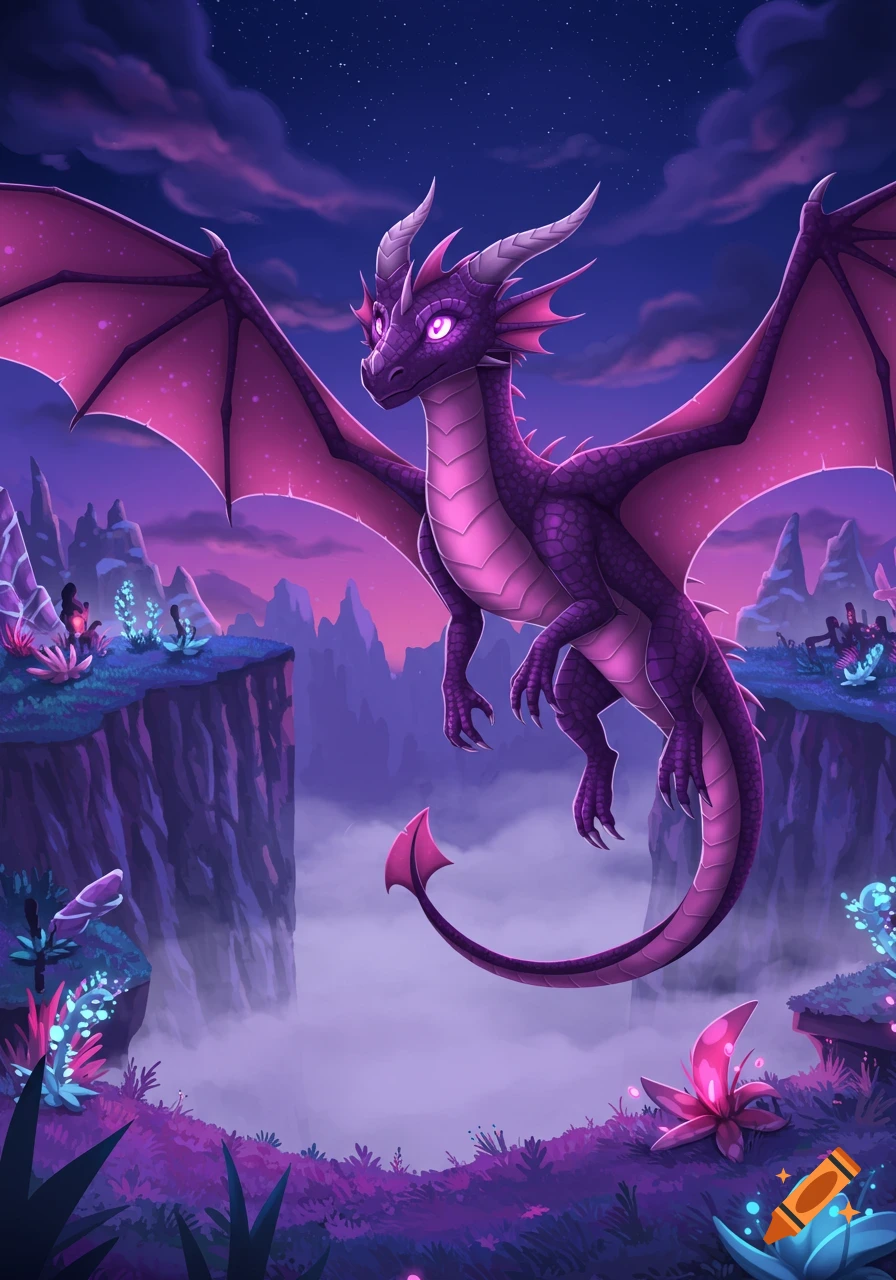 A purple dragon with pink wings and glowing eyes flies over a mystical landscape with glowing plants under a starry, twilight sky. Digital illustration.