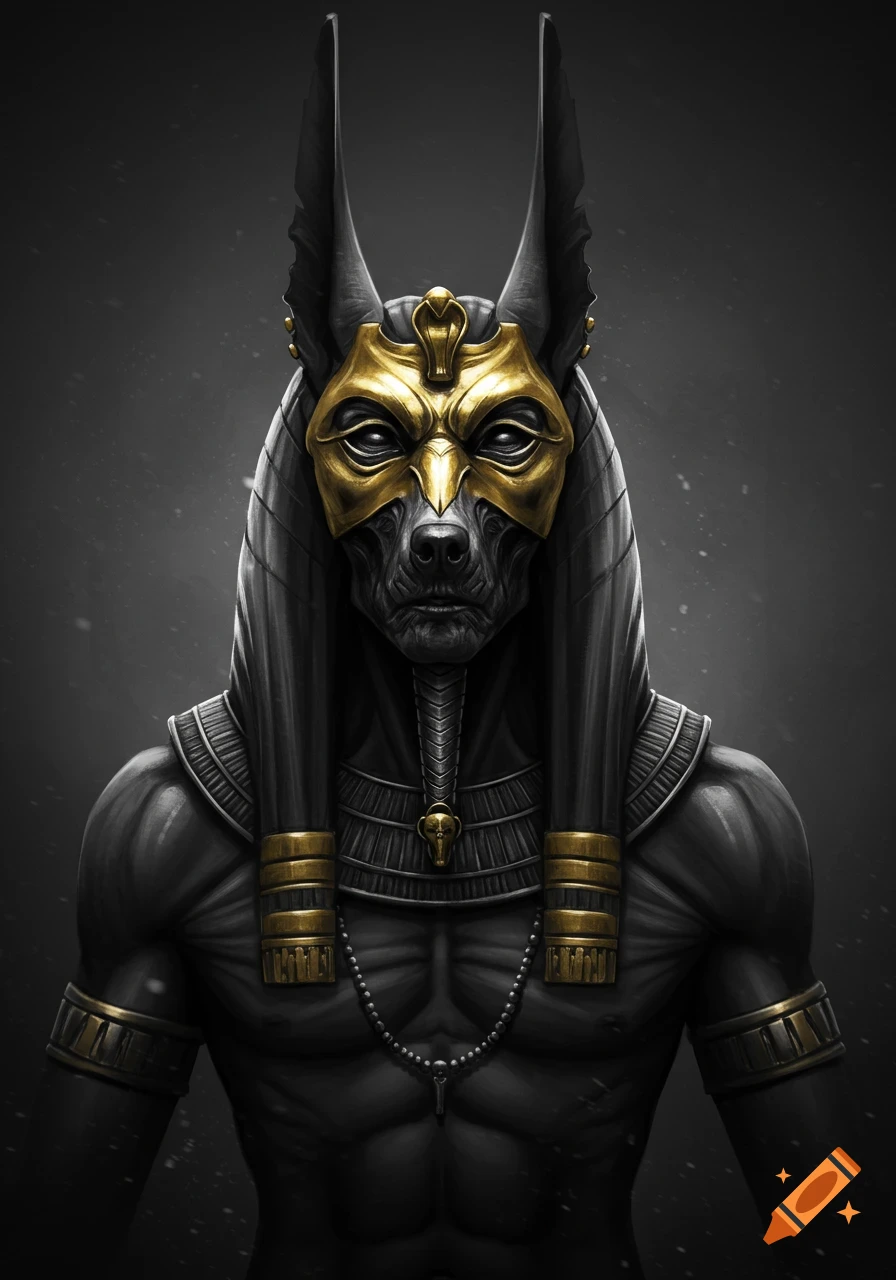 A dark, front-facing portrait of Anubis, the Egyptian god, with a golden jackal mask and ornate golden armor, against a gray background.