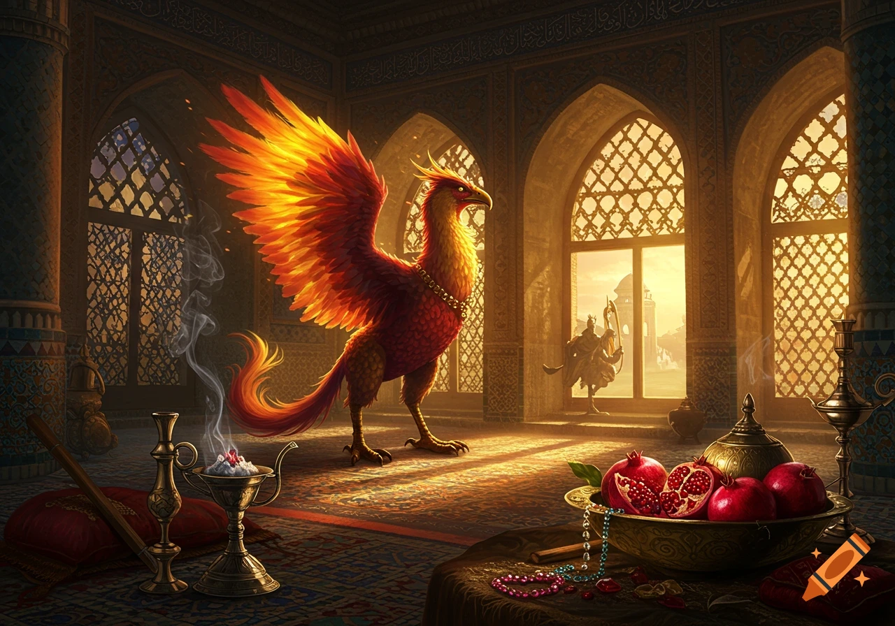 A majestic fiery red and orange phoenix stands in a richly decorated Persian palace bathed in golden light.