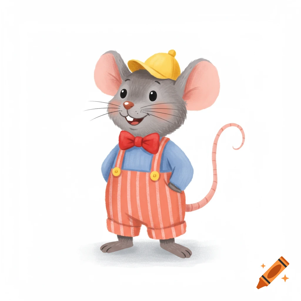 A friendly cartoon mouse in a yellow cap and red striped overalls, smiling on a white background.