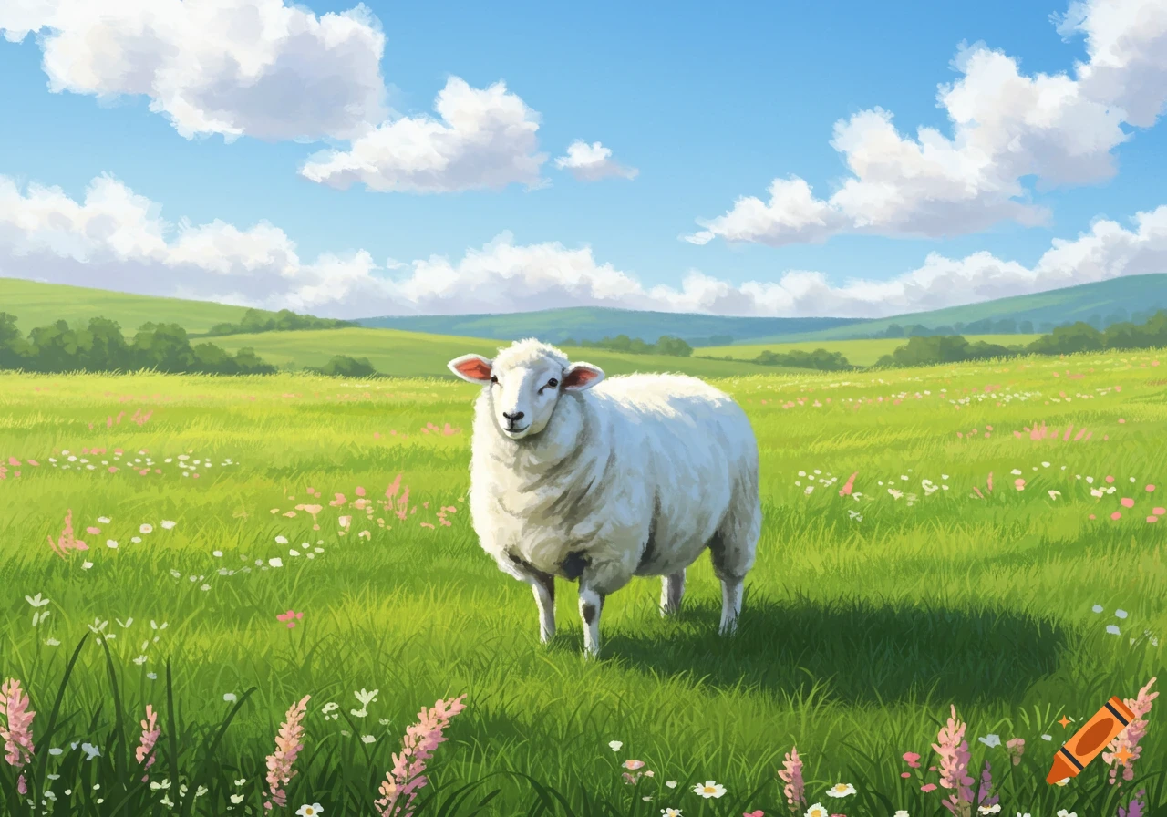A white sheep stands in a vibrant green field filled with wildflowers under a clear blue sky with fluffy clouds, in a painterly style.