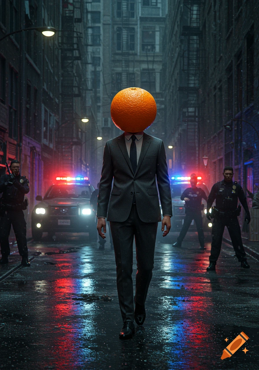 A man with an orange for a head walks down a rainy city street at night, with police cars and officers visible in the background.