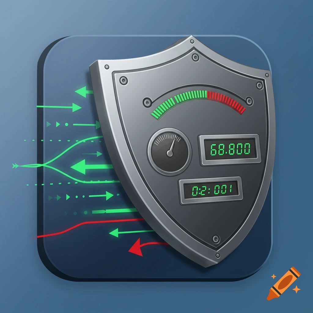 A metallic shield icon with green and red arrows depicting data flow and digital readouts, representing network security or traffic.