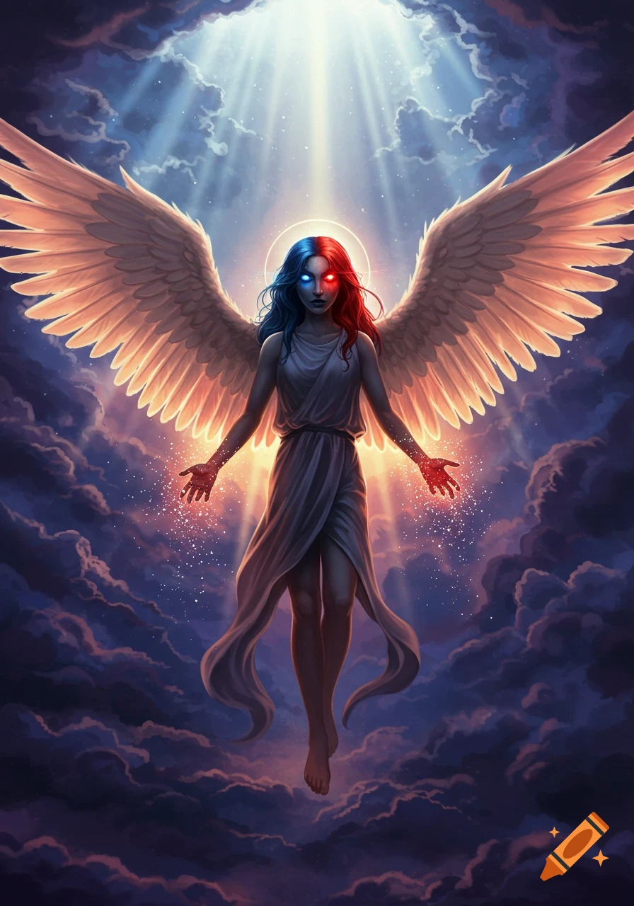 A winged woman with split blue and red hair and glowing eyes floats in the clouds, light rays shining down.