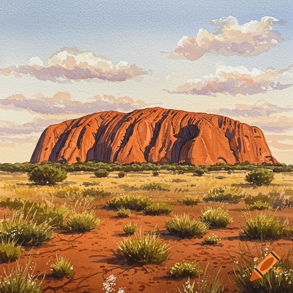 Watercolor painting of Uluru (Ayers Rock) in a vast, arid landscape under a cloudy sky.