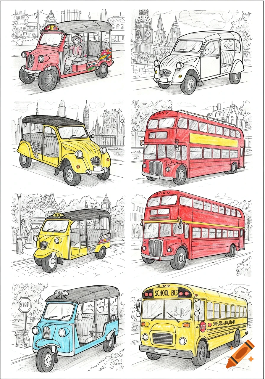 A coloring page illustration featuring eight different vehicles from various countries, including tuk-tuks, double-decker buses, a school bus, and classic cars.