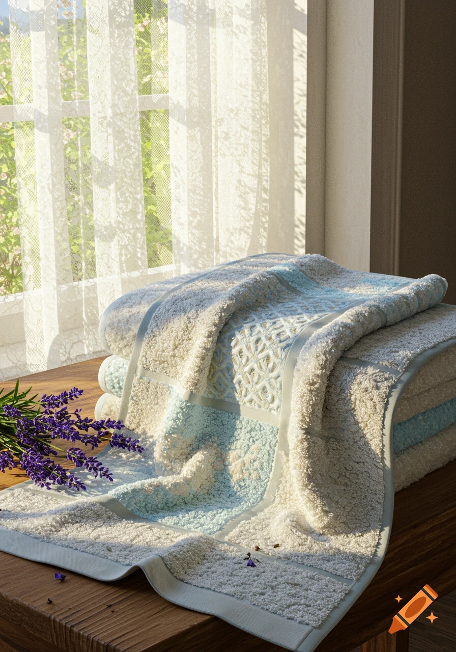 A stack of folded white and blue patterned towels with lavender on a wooden table, beside a sunlit window with sheer curtains.
