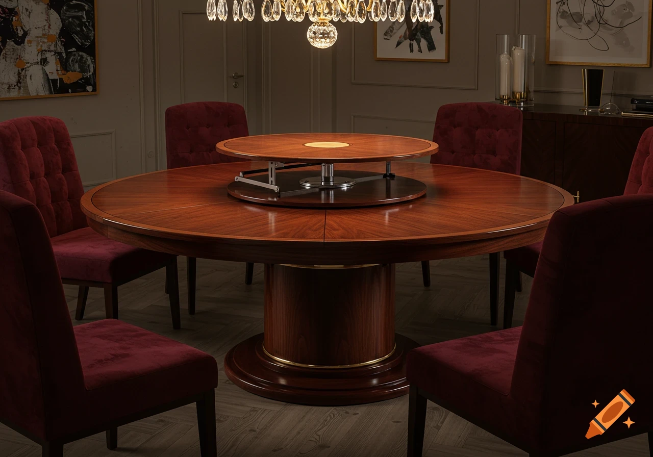 Luxurious circular wooden dining table with a rotating, adjustable-height lazy susan, surrounded by burgundy velvet chairs.