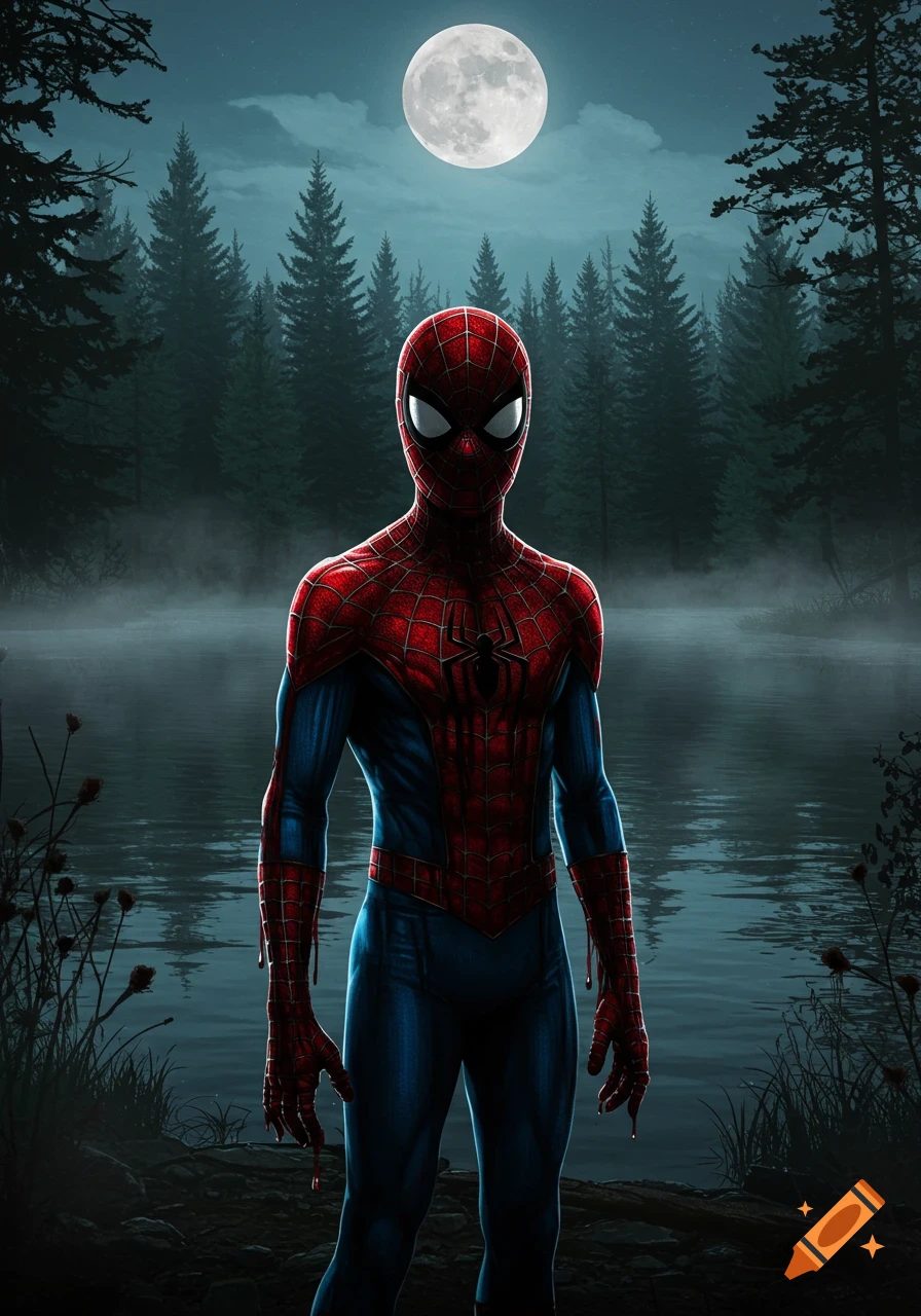 Spider-Man in his suit with red drips stands by a misty lake in a dark forest under a full moon.