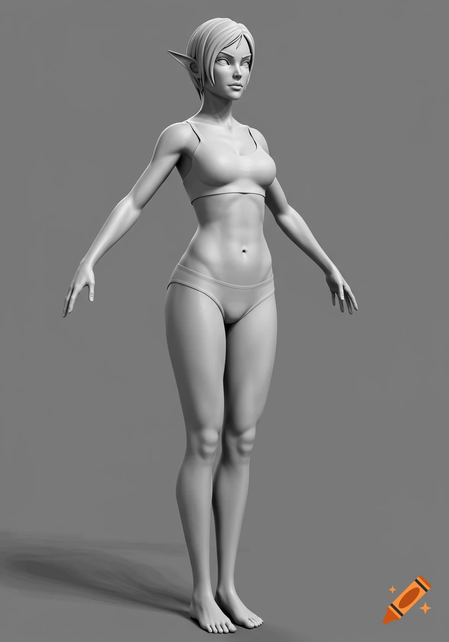 Grayscale 3D render of a female elf character in a T-pose, wearing a sports bra and underwear.
