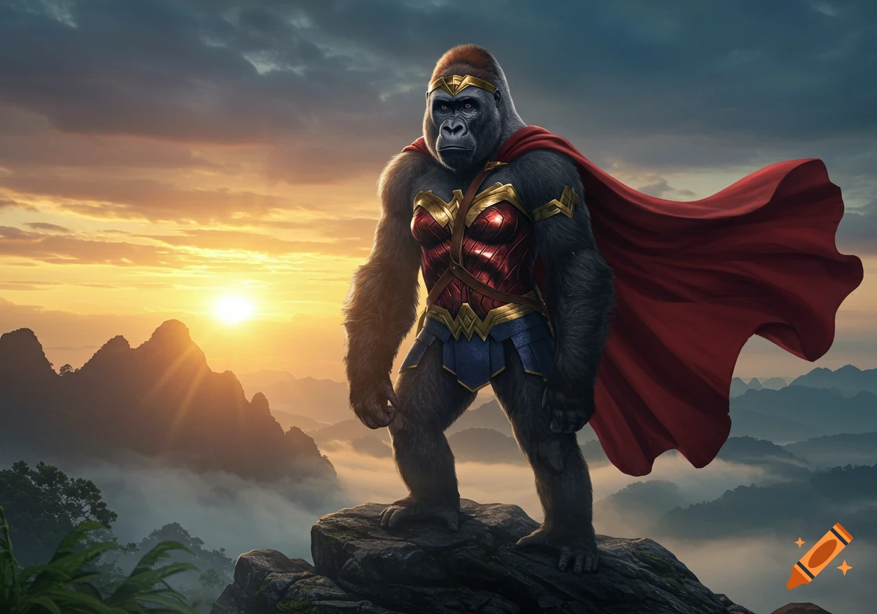 A powerful gorilla wearing a Wonder Woman costume stands atop a mountain at sunset, overlooking a misty landscape.