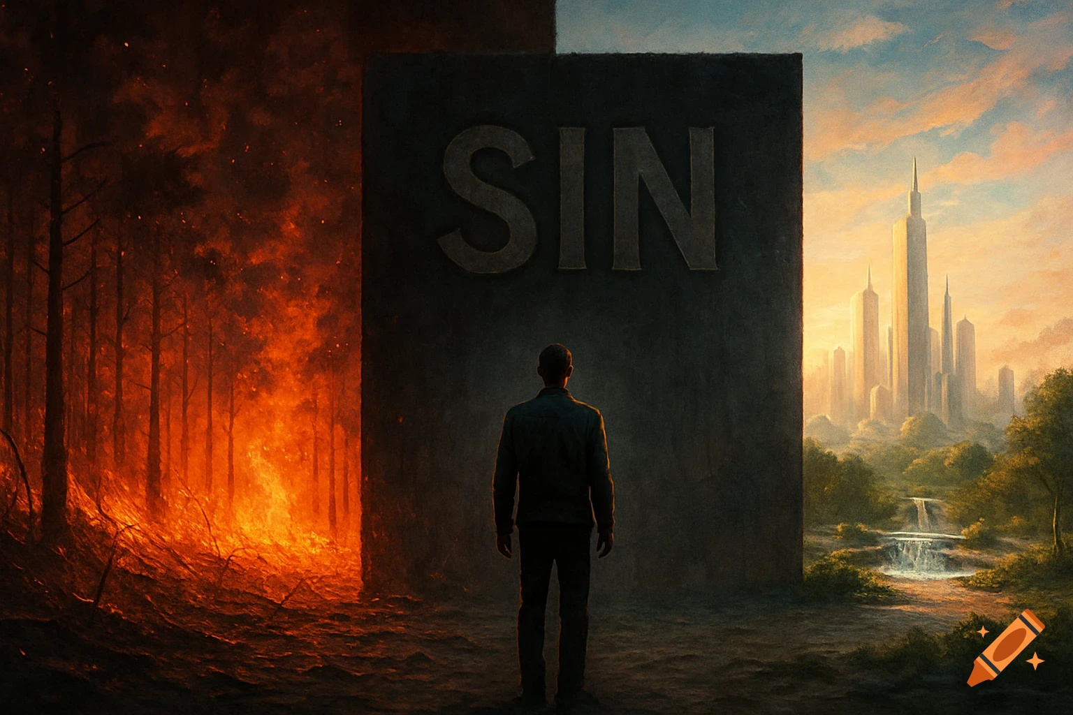 A man stands before a tall wall labeled 'SIN', dividing a burning forest on the left from a lush, futuristic city on the right.