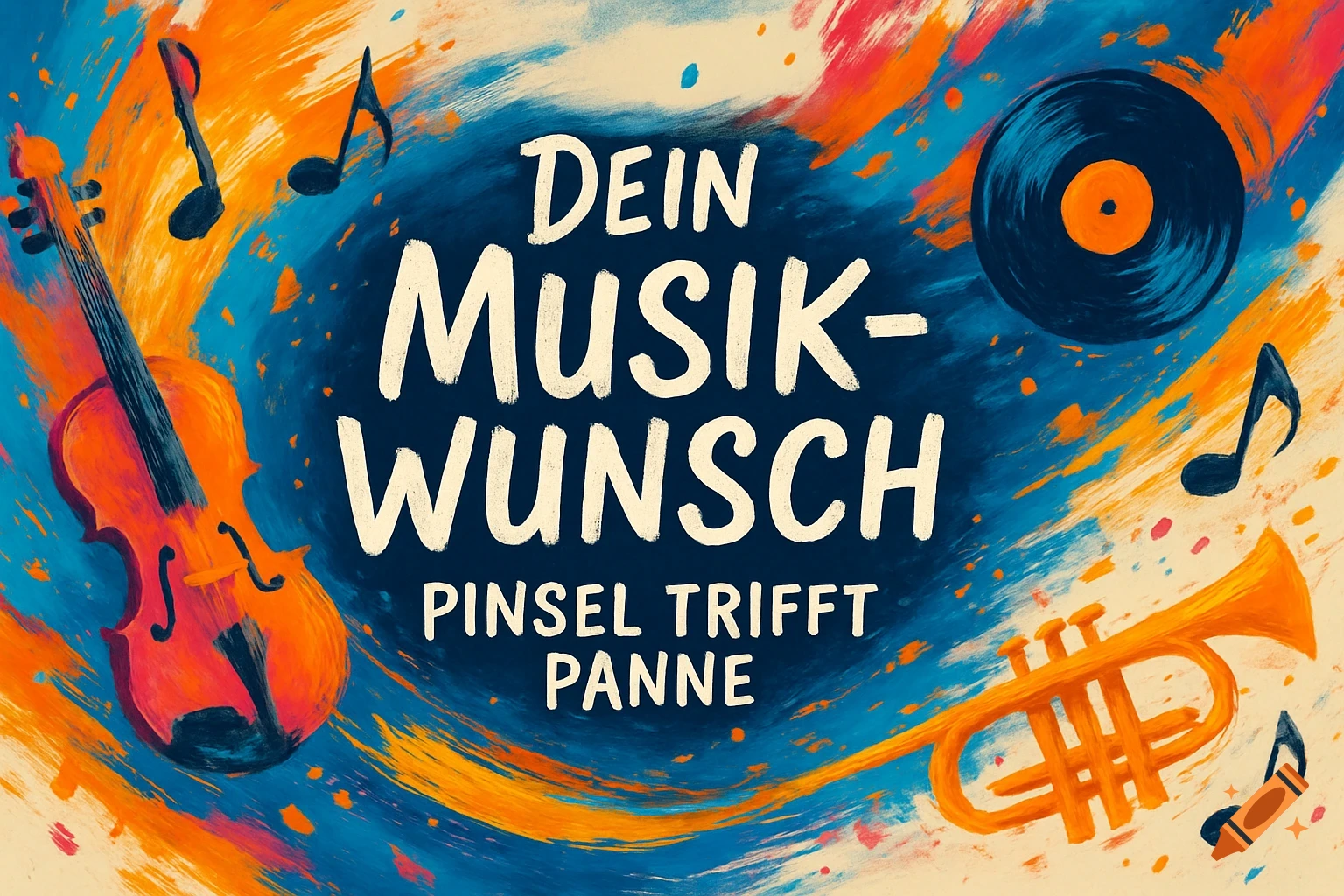 Vibrant abstract painterly art with a violin, trumpet, vinyl record, and musical notes. Text reads 'DEIN MUSIK-WUNSCH PINSEL TRIFFT PANNE'.