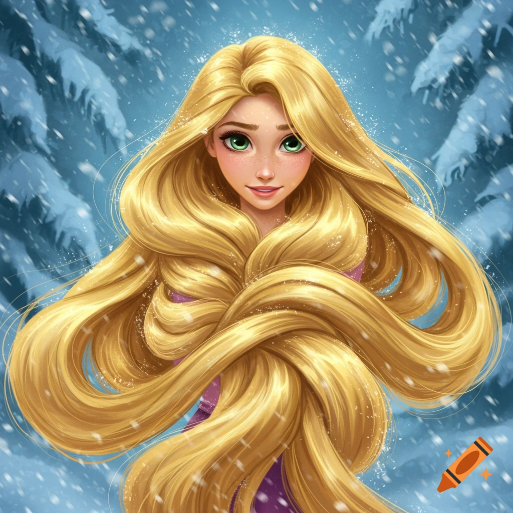 An illustrated Rapunzel with long golden hair wrapped around her, smiling in a snowy blizzard with blue trees.