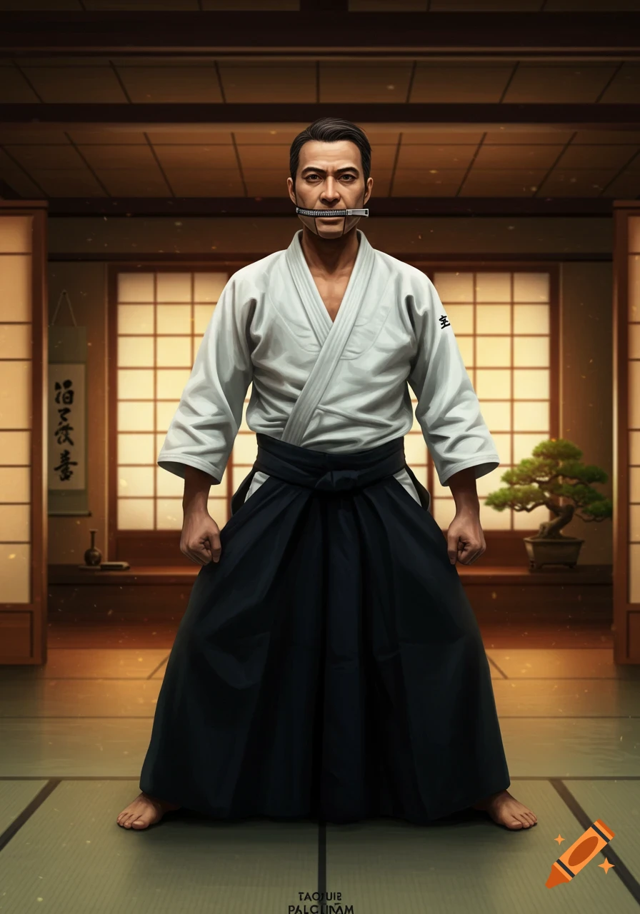 A man in a white aikido gi and black hakama stands in a dojo, a zipper covering his mouth.