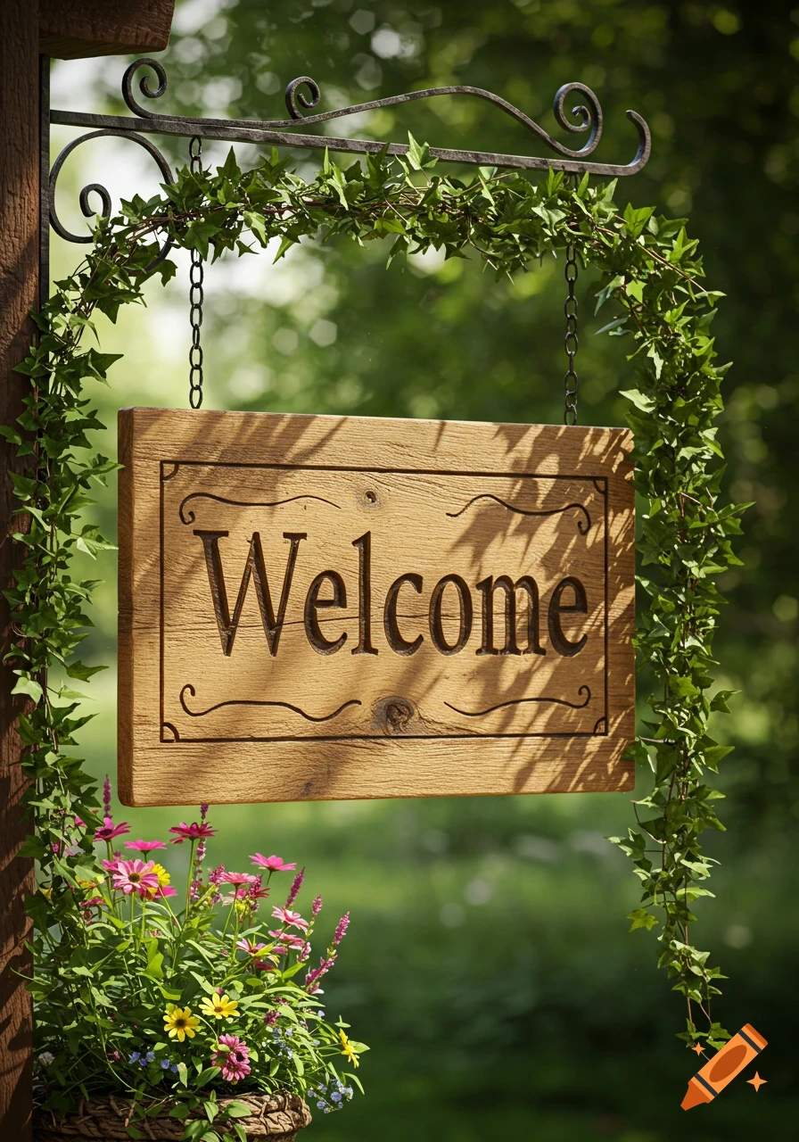 A wooden 'Welcome' sign hangs from an iron bracket draped with ivy, above a basket of colorful pink and yellow flowers in a garden setting.