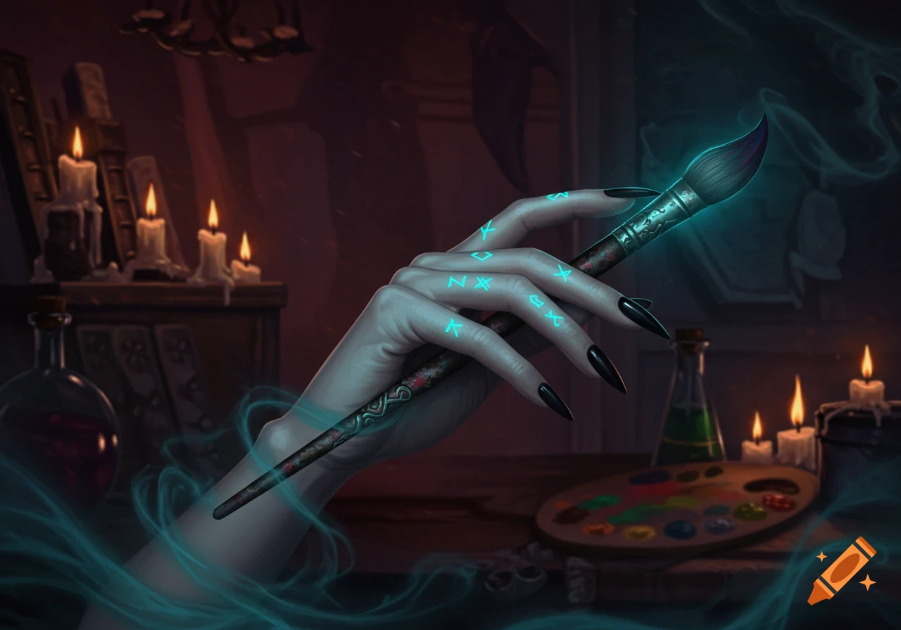 Dark fantasy hand with long pointed black nails and glowing runes holding a magical art brush in a dim, mystical room.
