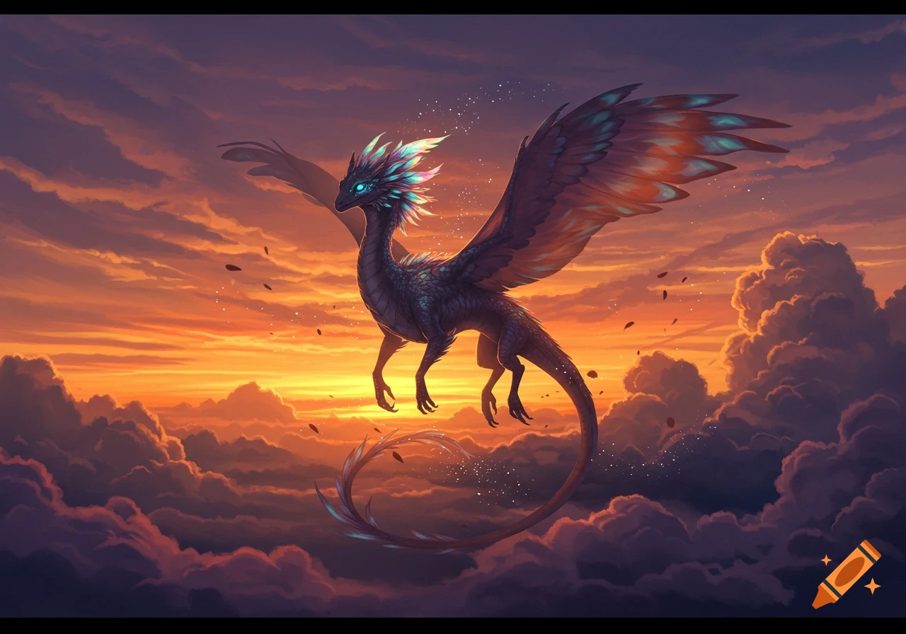 A majestic dragon with iridescent feathered wings flies through a vibrant orange and purple sunset sky above dramatic clouds.